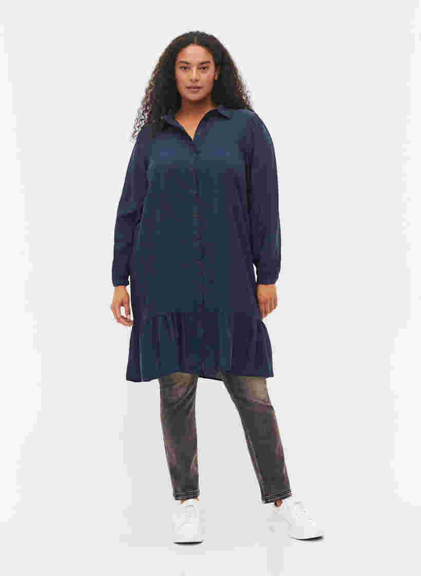 Hemdkleid aus Viskose mit Rüschensaum, Navy Blazer, Model image number 2