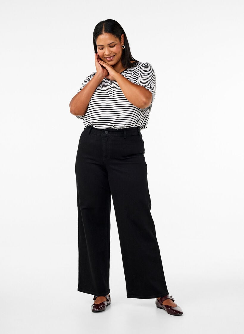 Jeans mit hoher Taille und weitem Bein, Schwarz, Model image number 0