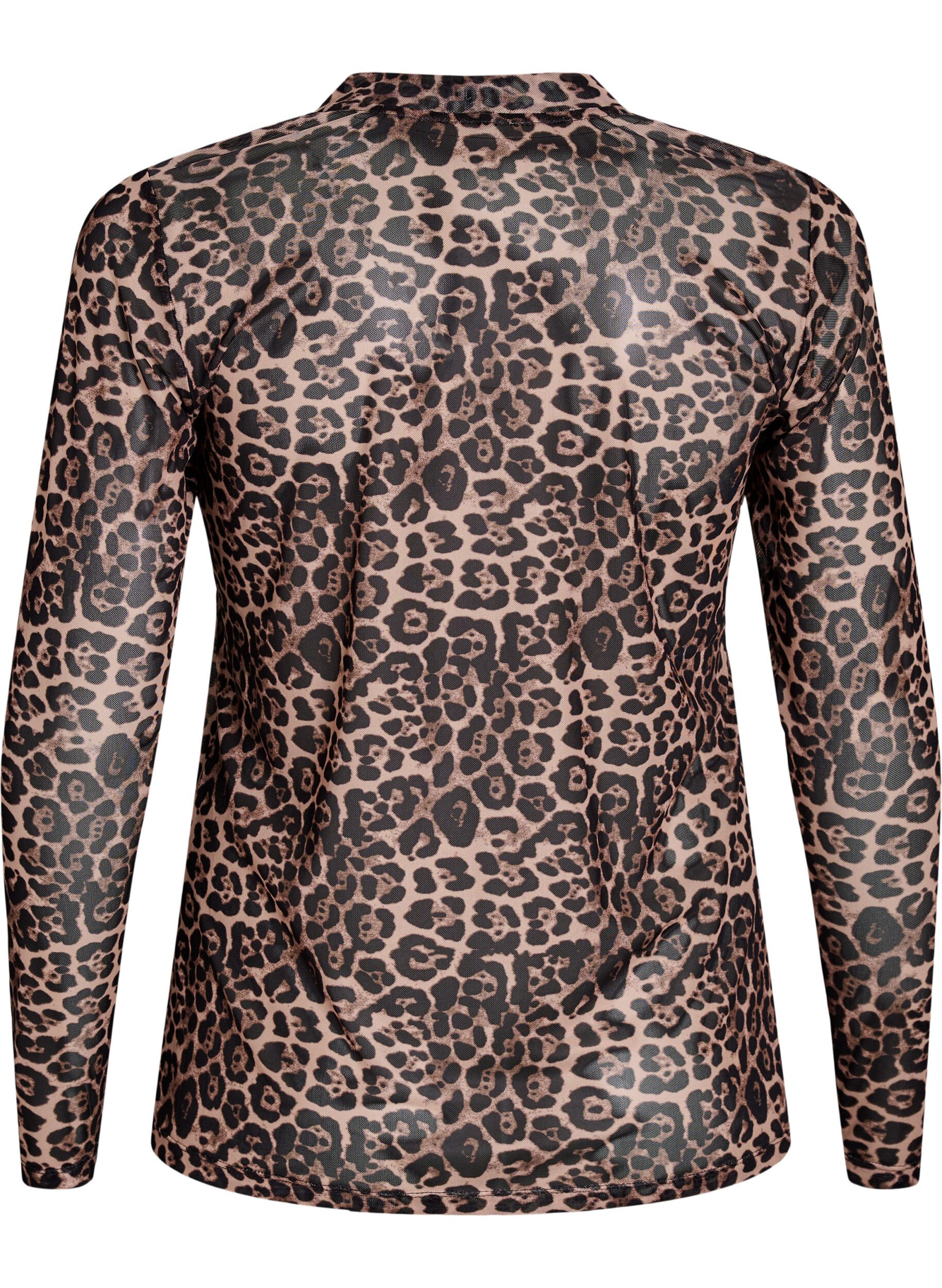Zizzi Netzbluse mit Leopardenmuster, Braun, Packshot image number 1