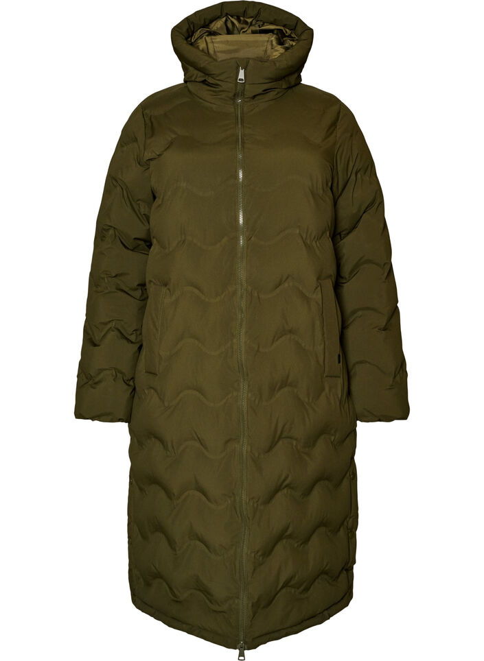 Lange Kapuzen-Steppjacke mit Wellenmuster, Gr&uuml;n, Packshot