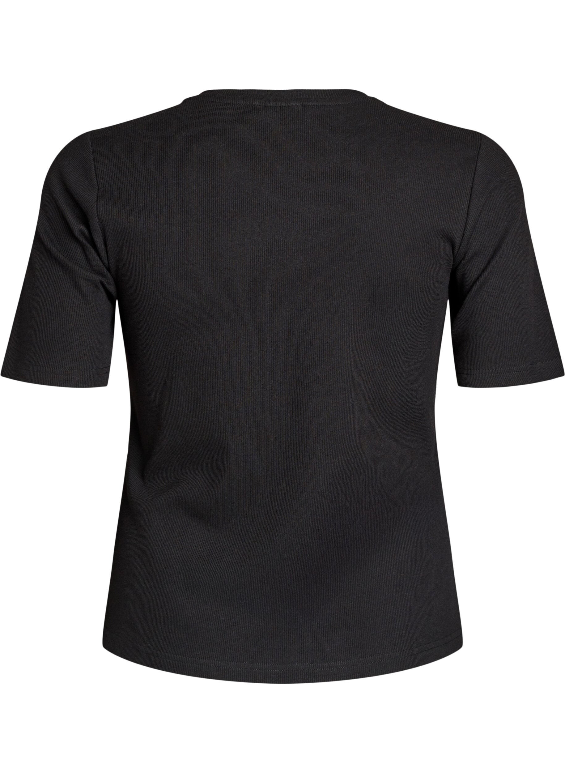 Zizzi Geripptes Basic-T-Shirt mit Rundhalsausschnitt, Schwarz, Packshot image number 1
