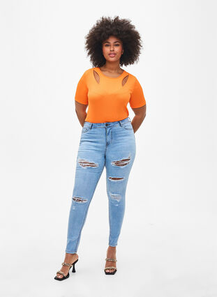 Eng anliegende Bluse mit V-Ausschnitt und Mesh-Detail, Vibrant Orange, Model image number 2