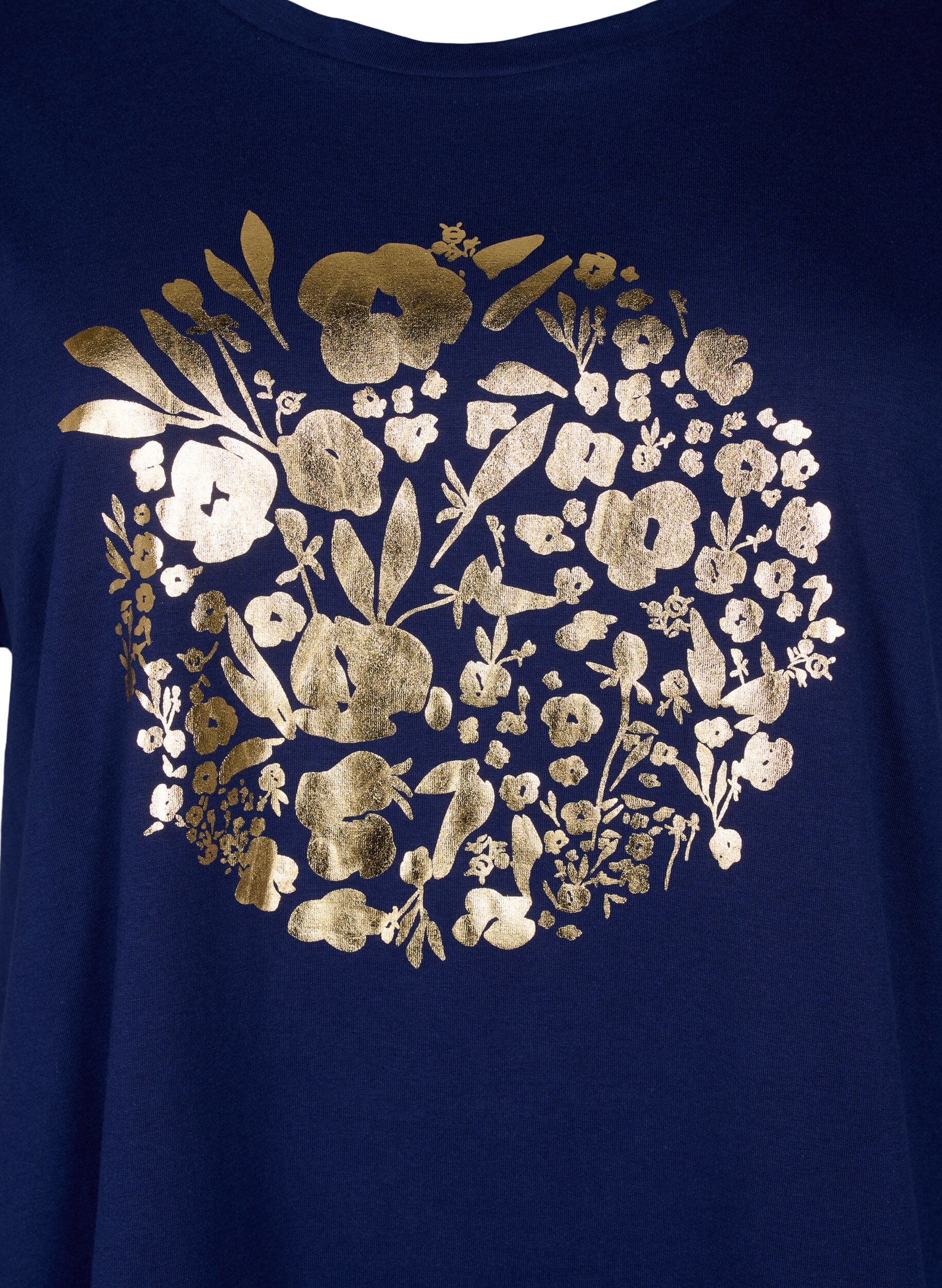 Zizzi T-Shirt aus Bio-Baumwolle mit Golddruck, Med.Blue Gold Flower, Packshot image number 2