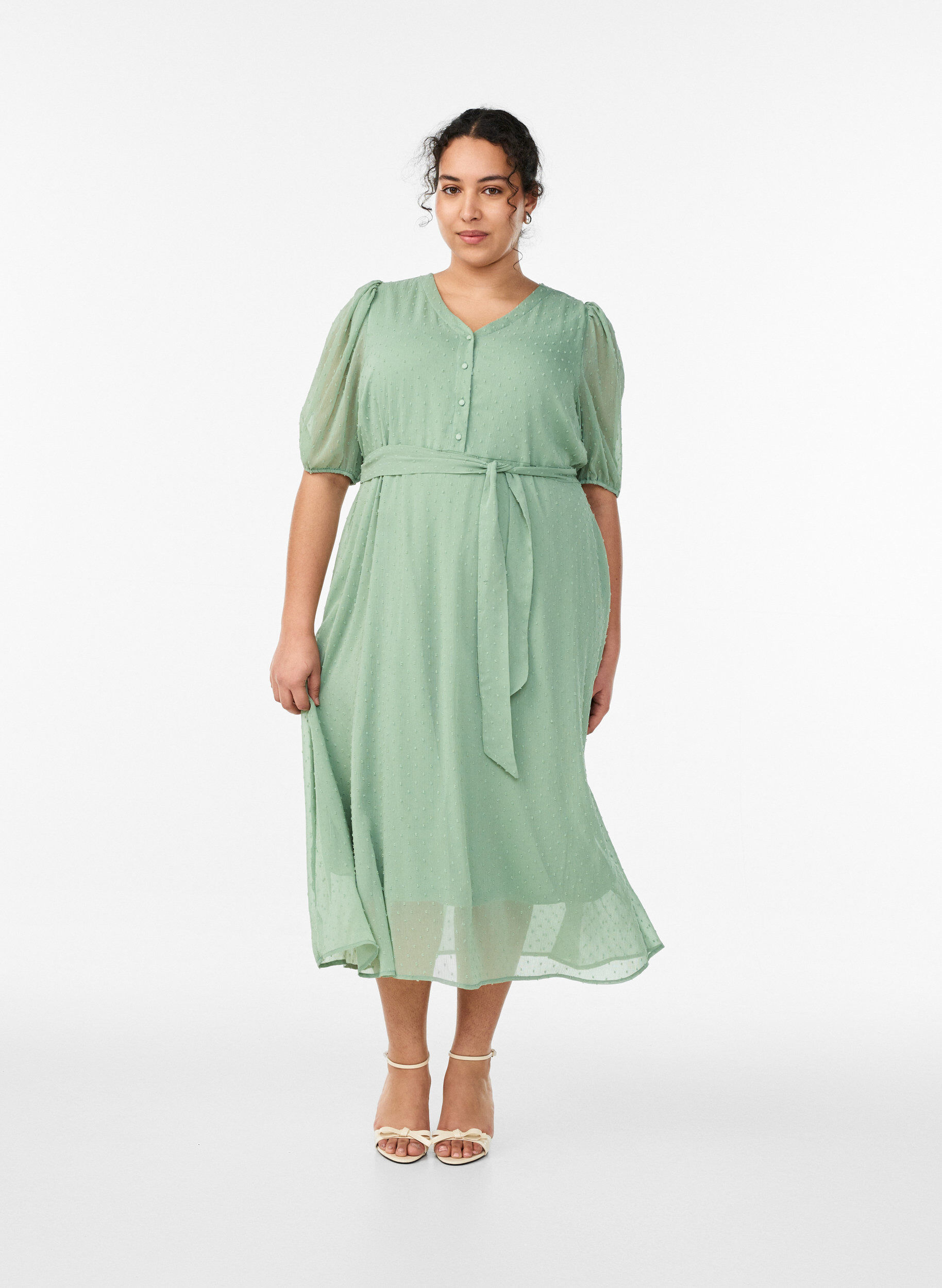 Zizzi Midi-Kleid mit V-Ausschnitt und Bindeband, Gr&uuml;n, Model image number 2