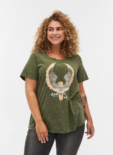 T-Shirt aus Baumwolle mit Aufdruck, Ivy Green ACID WASH, Model image number 0