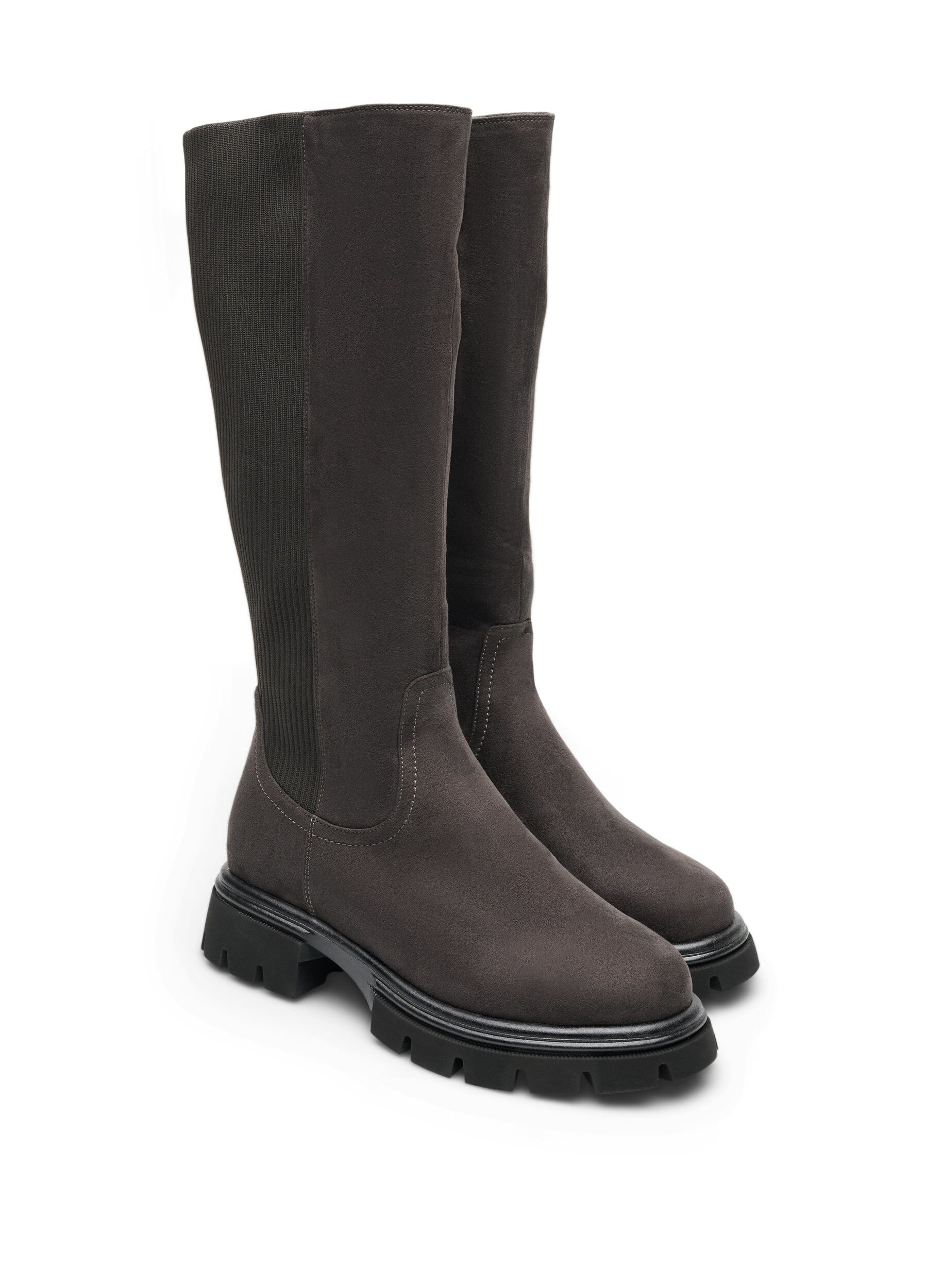 ZizziHoher Stiefel aus Wildlederimitat mit gerippten Eins&auml;tzen, Braun, Packshot image number 1