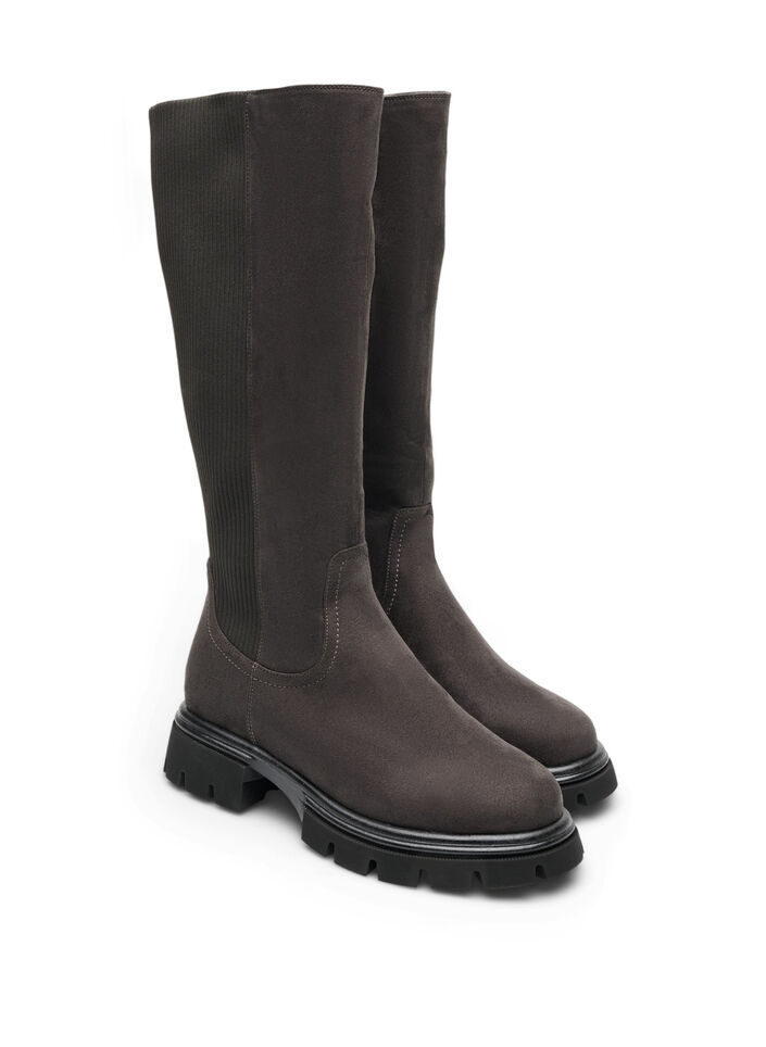 Hoher Stiefel aus Wildlederimitat mit gerippten Eins&auml;tzen, Braun, Packshot image number 1