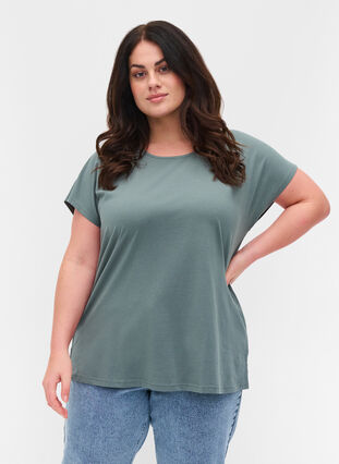T-Shirt aus Baumwolle mit Streifen, Balsam Green Solid, Model image number 0