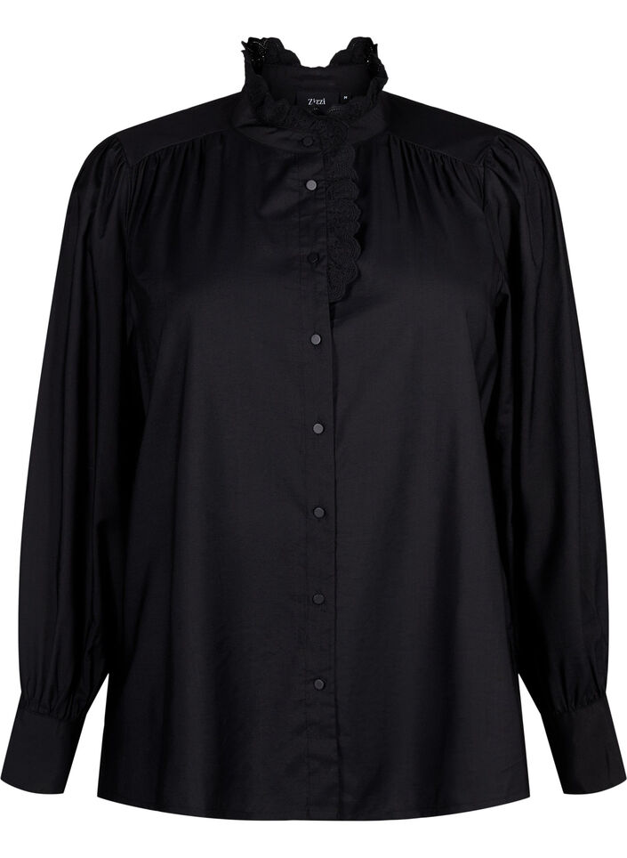 Viskose Shirt Bluse mit Ruffles, Black, Packshot image number 0