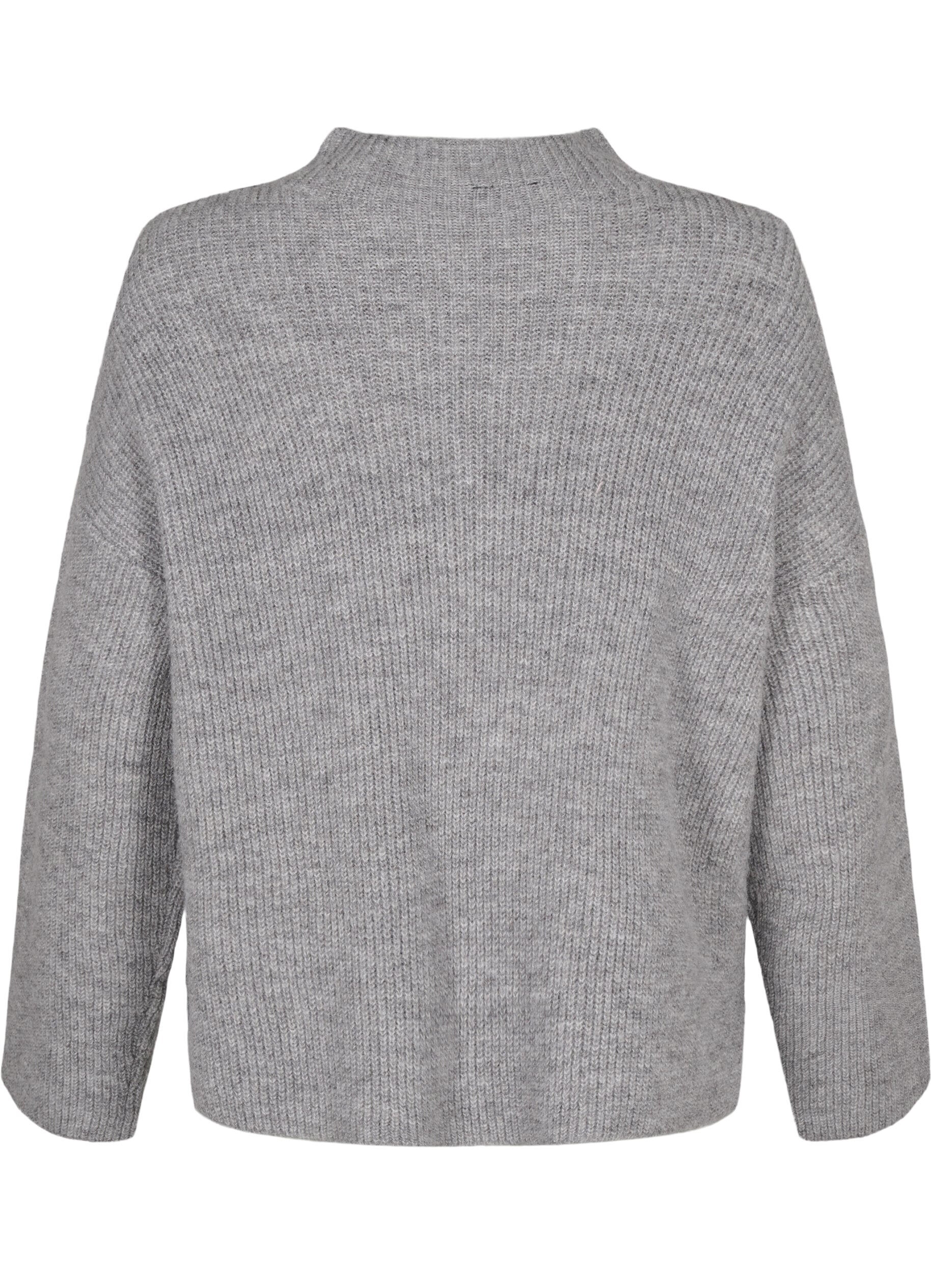Zizzi Gestrickte Bluse aus Wolle mit Kontraststreifen, Medium Grey Melange, Packshot image number 1