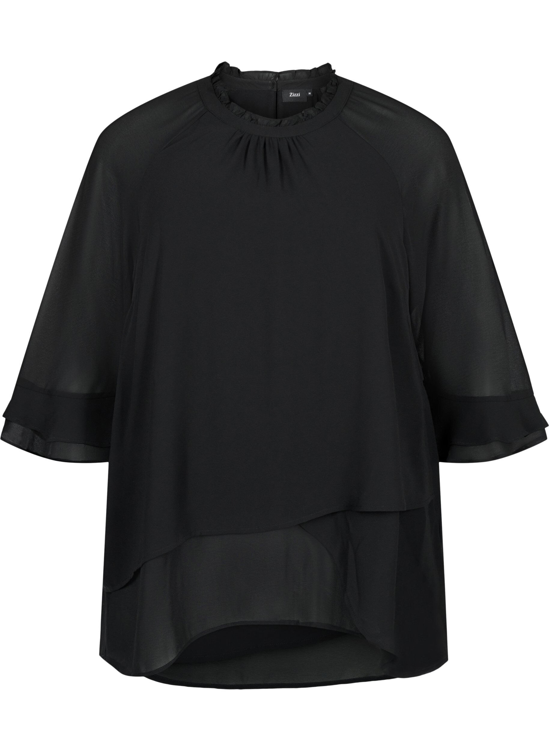Zizzi Bluse mit asymmetrischem Saum und 3/4 &Auml;rmeln, Black, Packshot image number 0