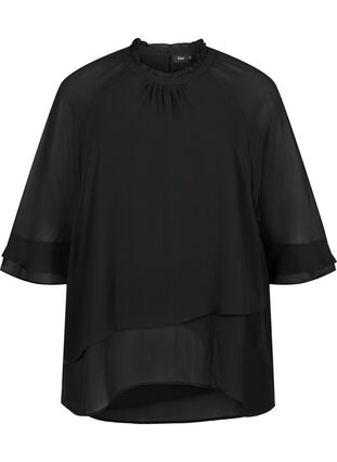 Bluse mit asymmetrischem Saum und 3/4 Ärmeln, Black, Packshot image number 0