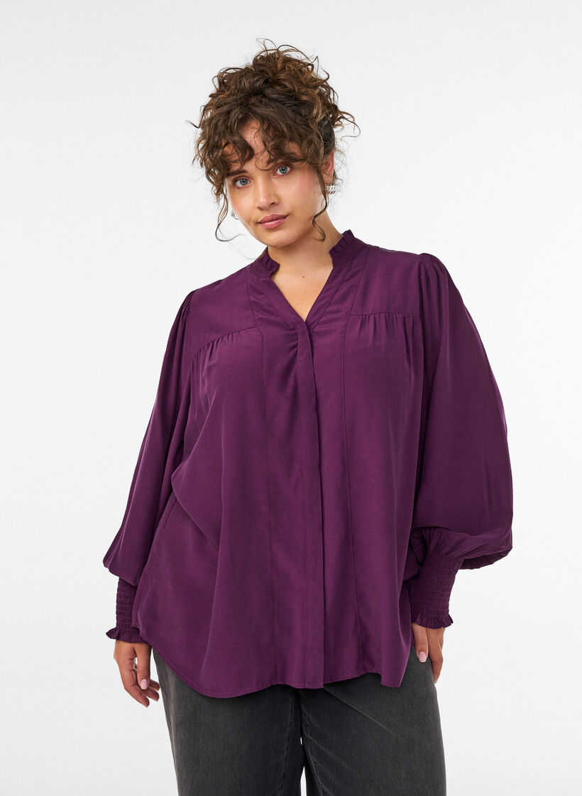 Bluse mit R&uuml;schenkragen und Raffung, Lila, Model image number 0