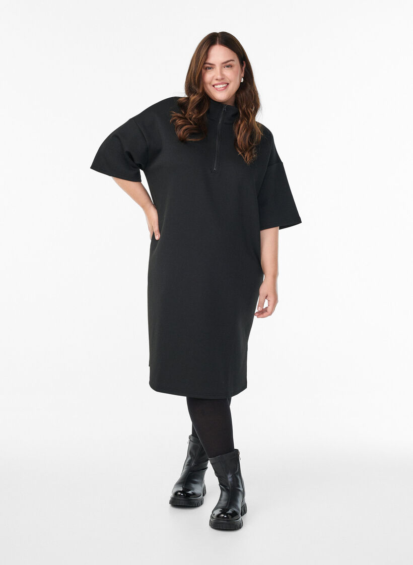 Kurzes Sweatshirtkleid mit hohem Kragen und Reißverschluss, Schwarz, Model image number 1