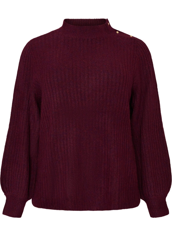 Pullover aus Rippstrick mit Puff&auml;rmeln und Kn&ouml;pfen, Dunkles Bordeaux, Packshot image number 0