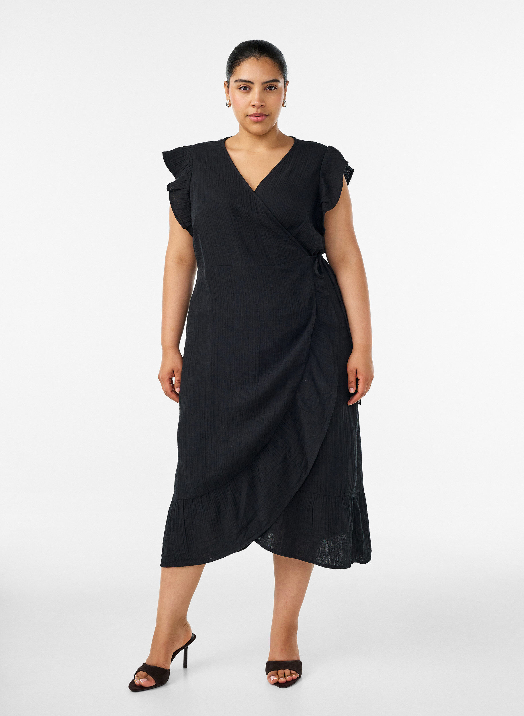ZizziWickelkleid aus Baumwoll-Musselin mit R&uuml;schen, Schwarz, Model image number 0