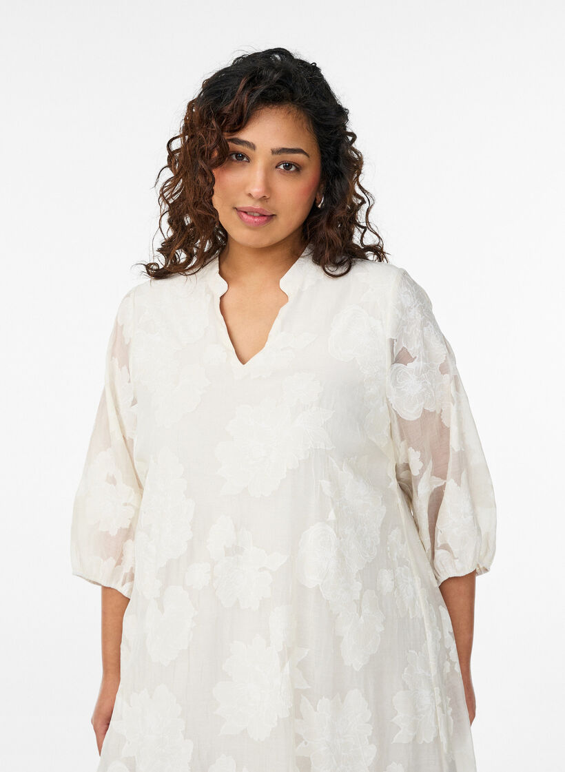 Midikleid mit Blumenprint und transparenten 3/4-&Auml;rmeln, Beige, Model image number 2