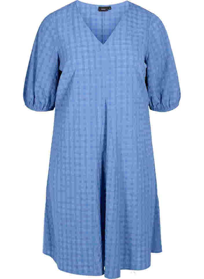Kleid in Crêpe-Qualität mit V-Ausschnitt und Ballonärmeln, Moonlight Blue, Packshot image number 0