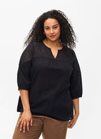 Bluse aus Baumwollmischung mit Leinen und Häkeldetails, Black, Model