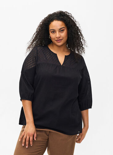 Bluse aus Baumwollmischung mit Leinen und Häkeldetails, Black, Model image number 0