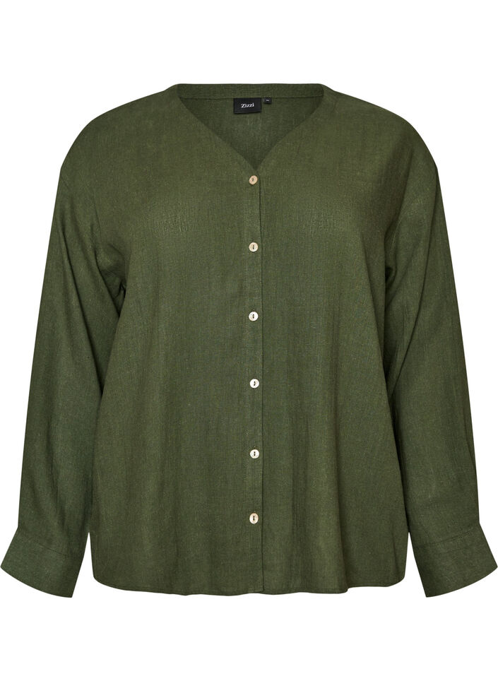 Bluse aus Leinen und Viskose mit V-Ausschnitt, Gr&uuml;n, Packshot image number 0