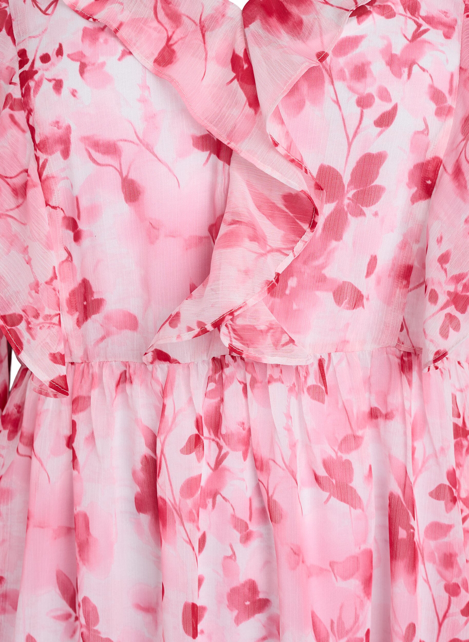 Zizzi Gebl&uuml;mtes Kleid aus Chiffon mit R&uuml;schen und langen &Auml;rmeln, Pink, Packshot image number 2