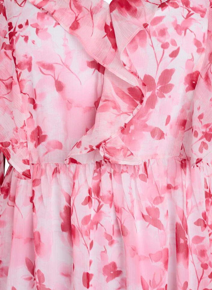 Gebl&uuml;mtes Kleid aus Chiffon mit R&uuml;schen und langen &Auml;rmeln, Pink, Packshot image number 2