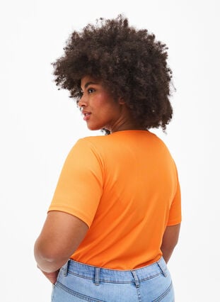 Eng anliegende Bluse mit V-Ausschnitt und Mesh-Detail, Vibrant Orange, Model image number 1
