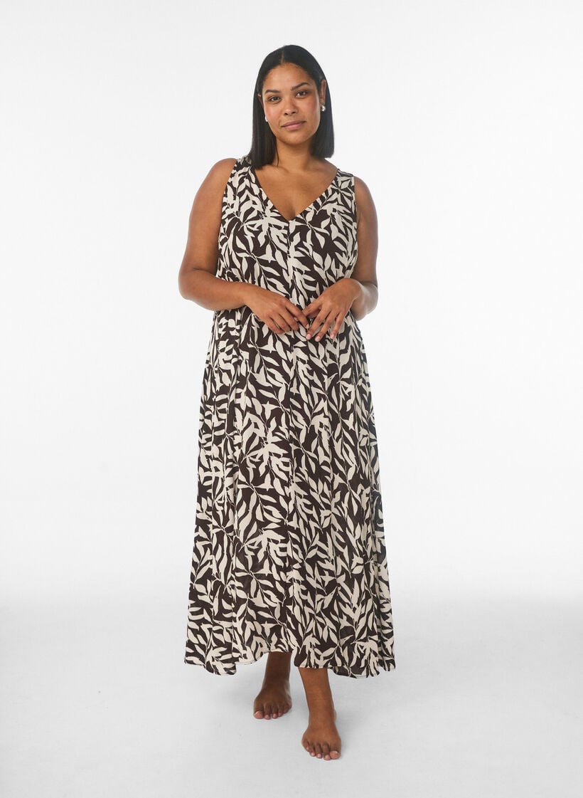 &Auml;rmelloses Maxikleid in A-Linie mit V-Ausschnitt, Braun, Model image number 0