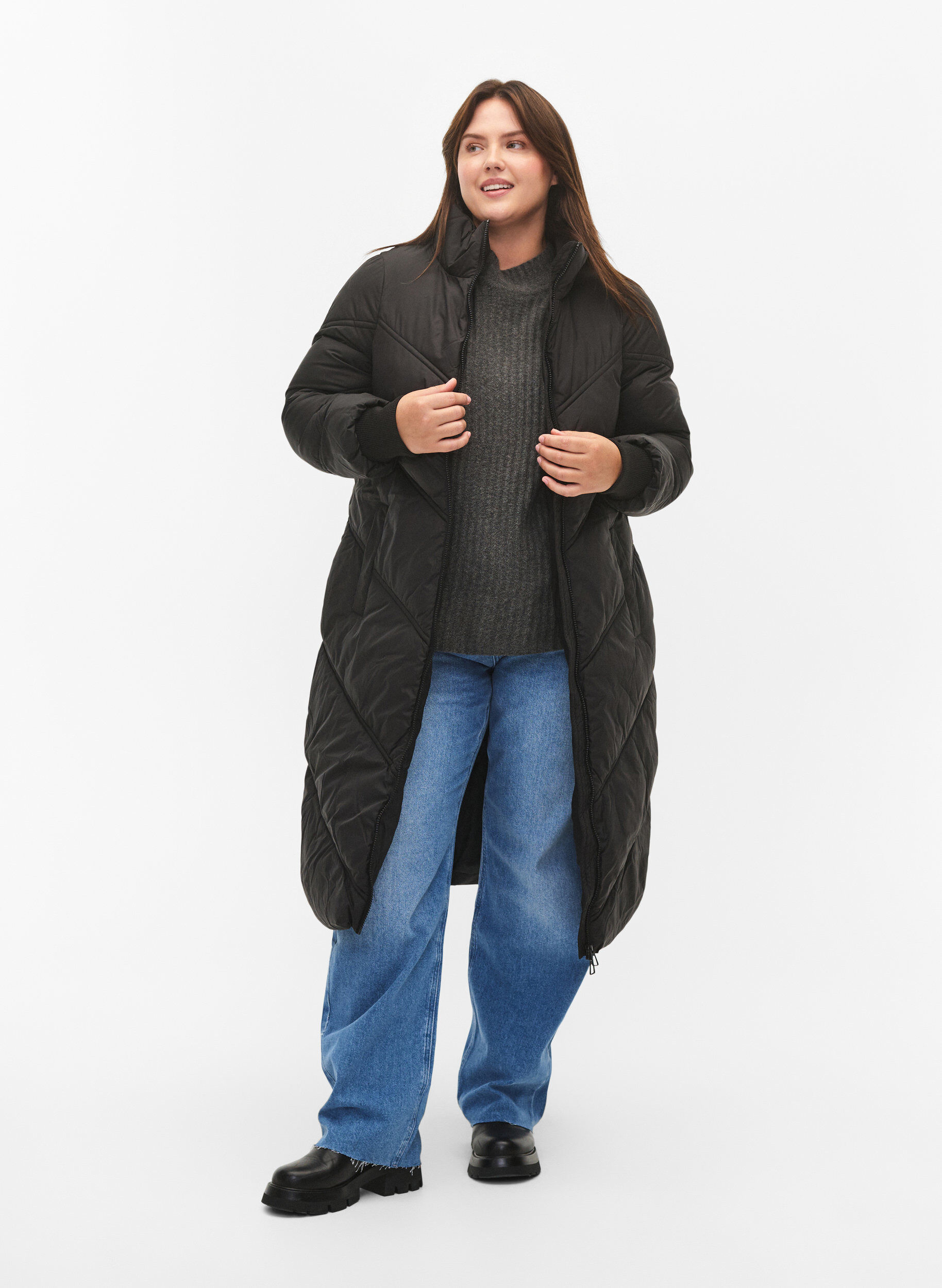Zizzi Lange Pufferwinterjacke, Black, Model image number 0