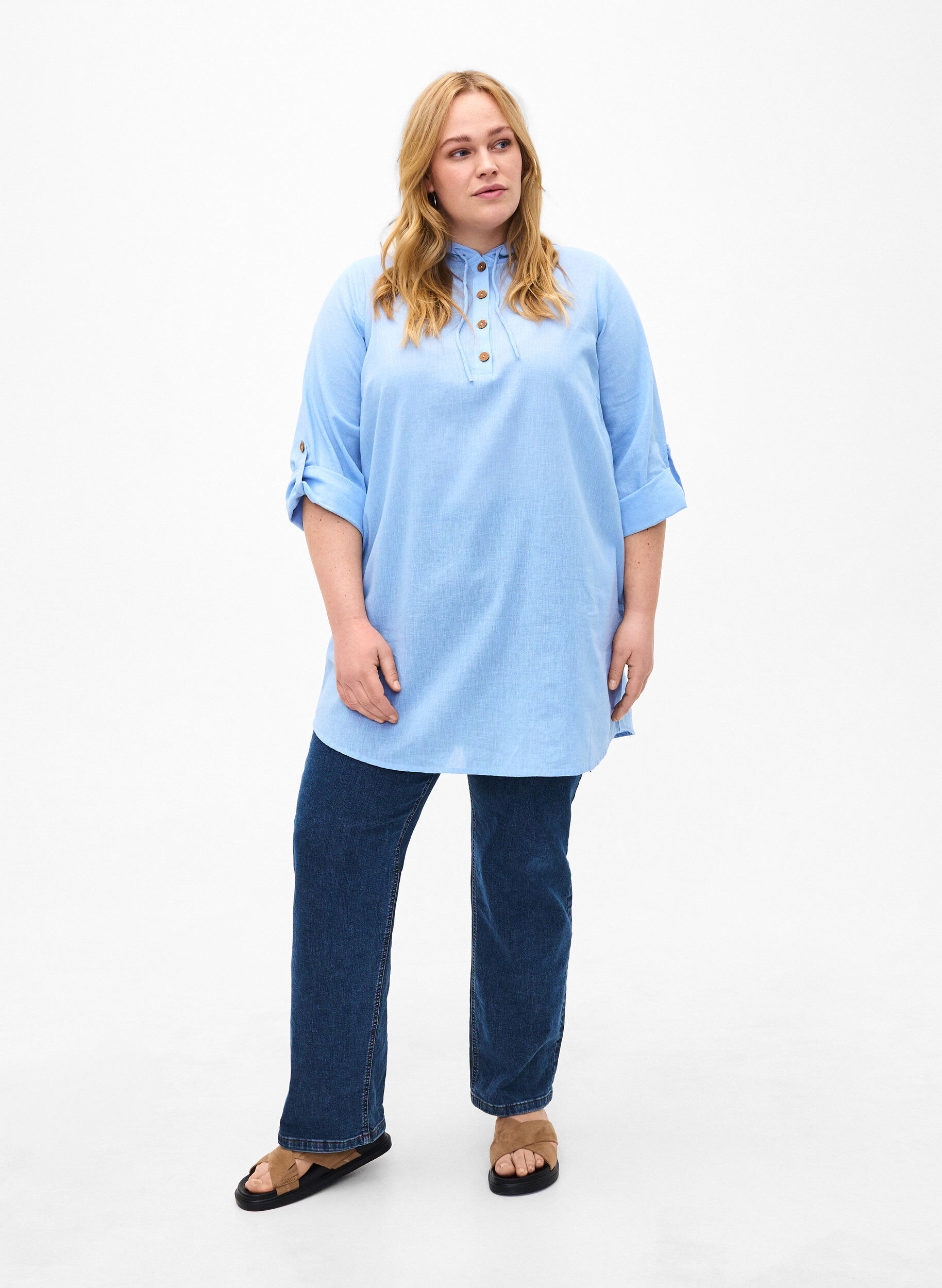 Zizzi Tunika mit Kapuze aus Baumwolle und Leinen, Serenity, Model image number 2