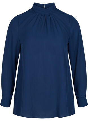 Langarm Bluse mit hohem Kragen, Navy Blazer, Packshot image number 0