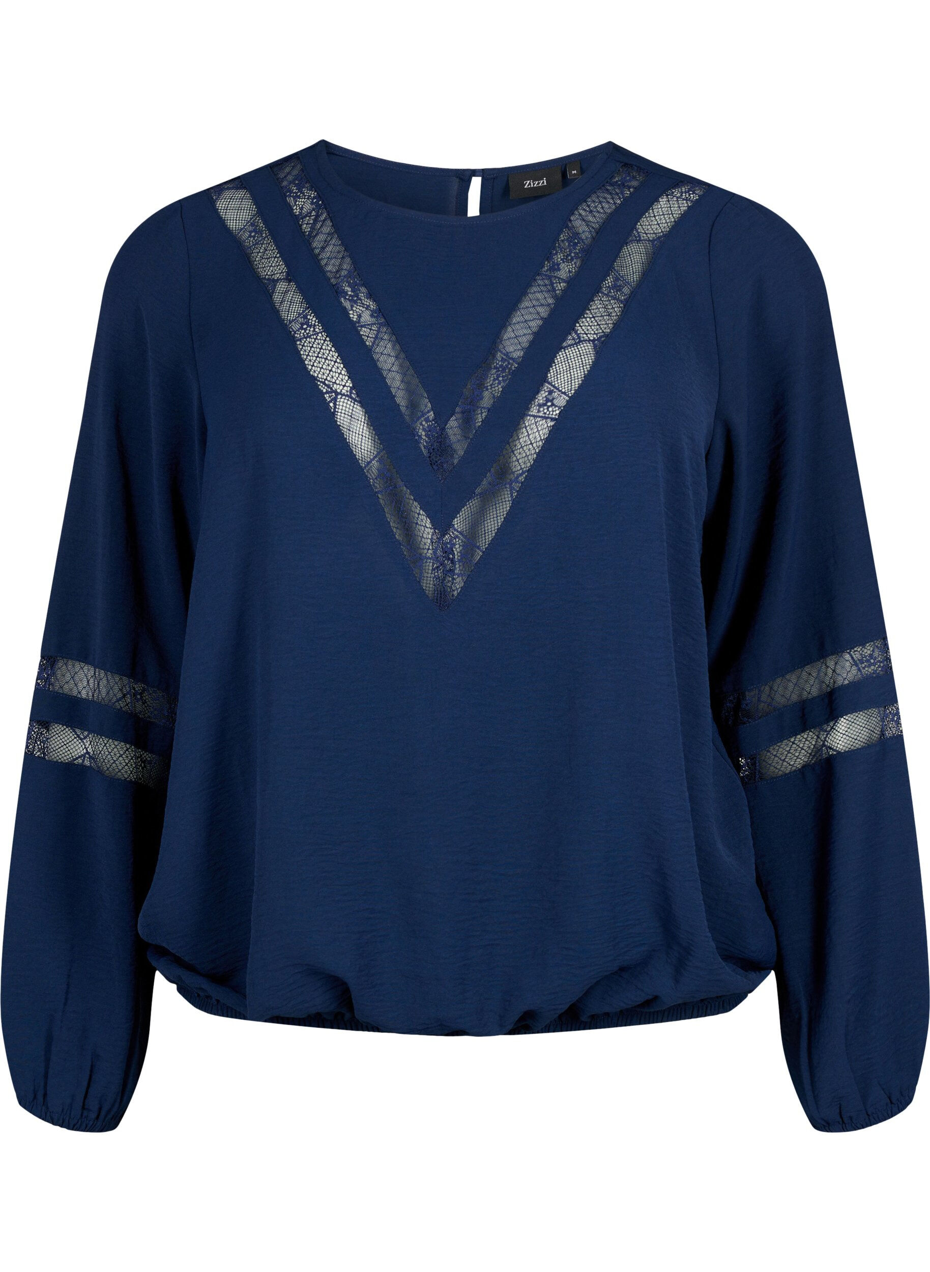Zizzi  Langarm-Bluse mit Spitze, Navy Blazer, Packshot image number 0