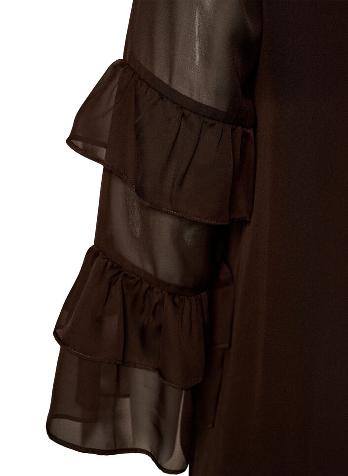 Kurzes Kleid mit transparenten R&uuml;schen&auml;rmeln, Braun, Packshot image number 3