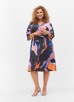 Midi Kleid mit V-Ausschnitt und farbigem Druck, Big Scale Print, Model image number 2