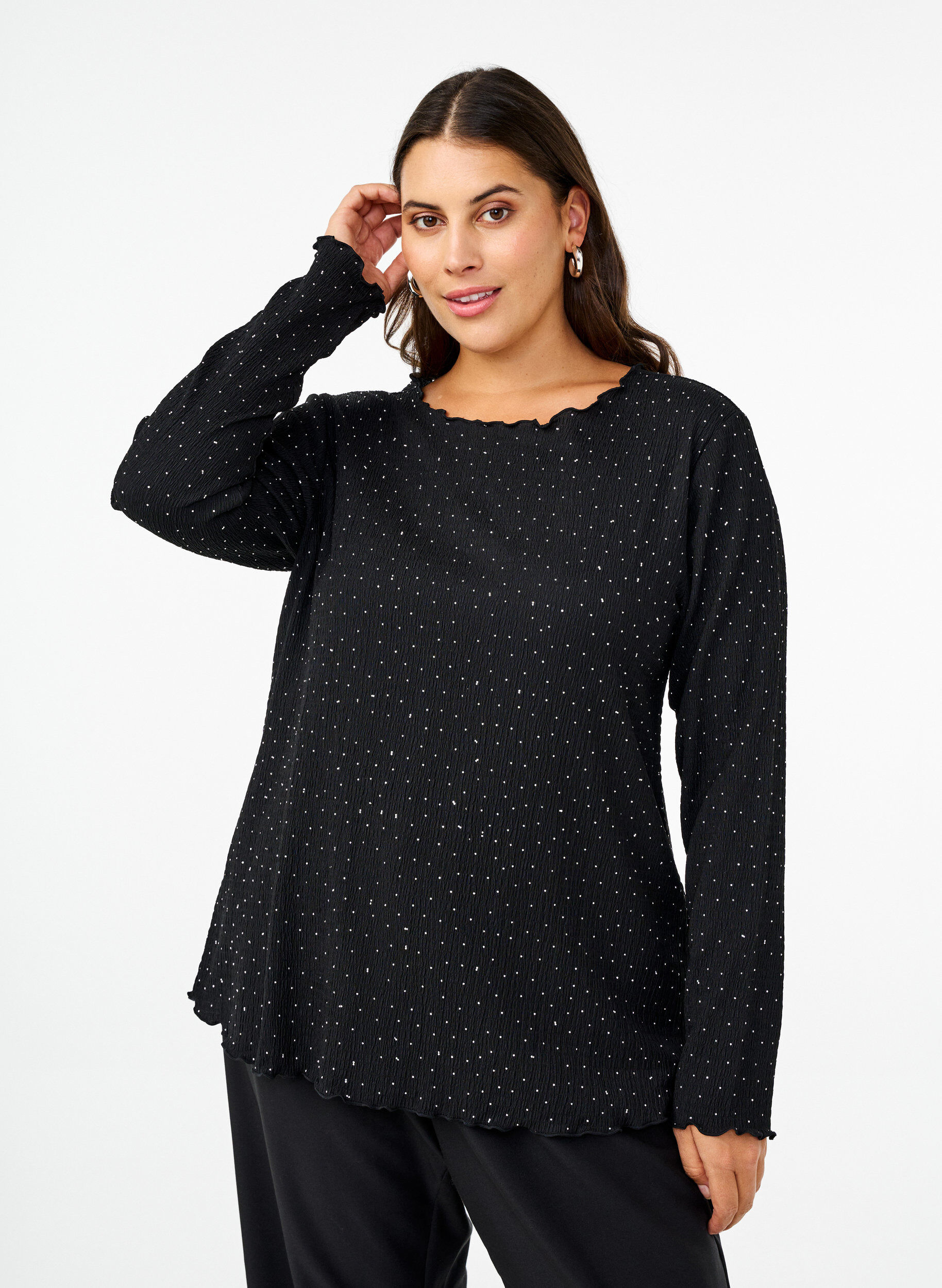 Zizzi Lang&auml;rmelige Bluse mit Strasssteinen, Schwarz, Model image number 0