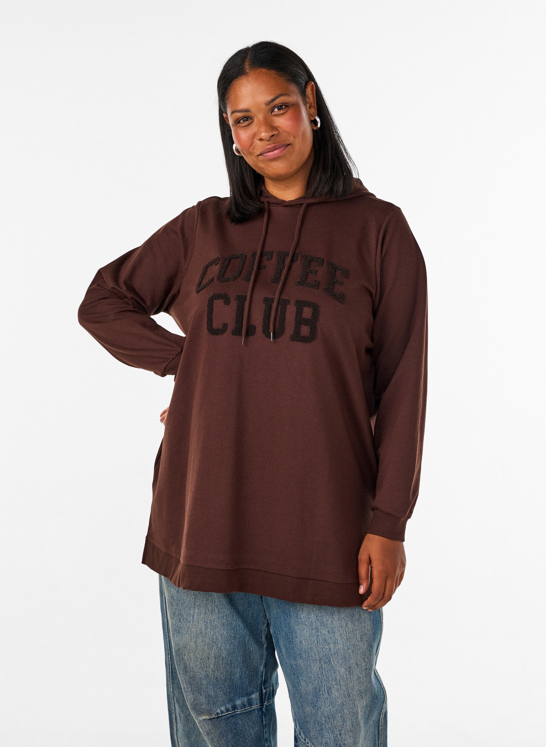 ZizziHoodie mit Textmotiv aus Frottee, Braun, Model image number 0