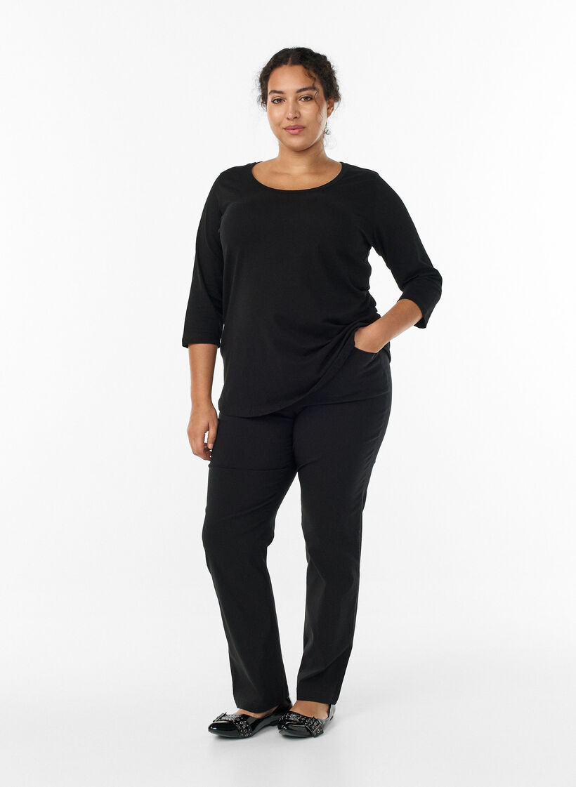 Basic T-Shirt aus Baumwolle mit 3/4-&Auml;rmeln, Schwarz, Model image number 1