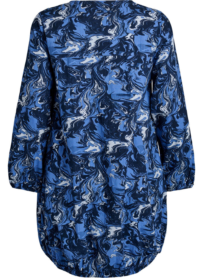 Kurzes Baumwollkleid mit Gummisaum und langen &Auml;rmeln, Blau, Packshot image number 1