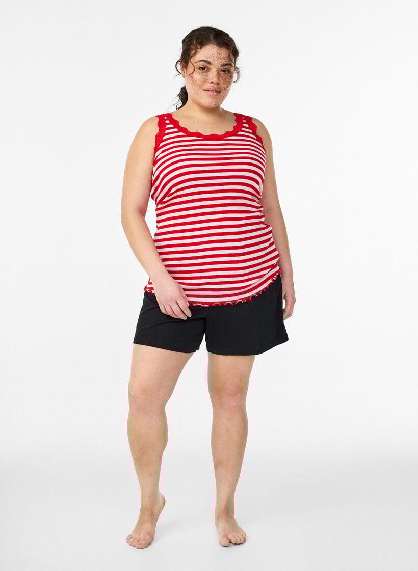 Gestreiftes Top mit Rippstruktur und Spitzen, Pink, Model image number 1