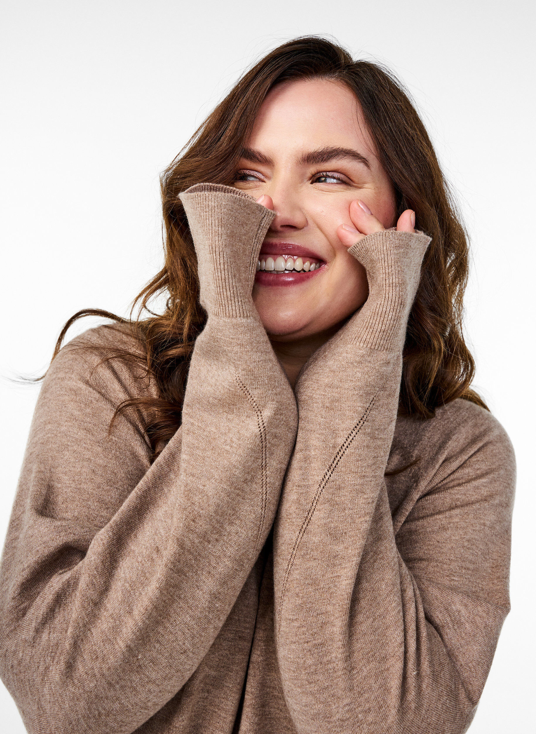 Zizzi Strickbluse mit Rundhalsausschnitt und Strickmuster, Braun, Image image number 0