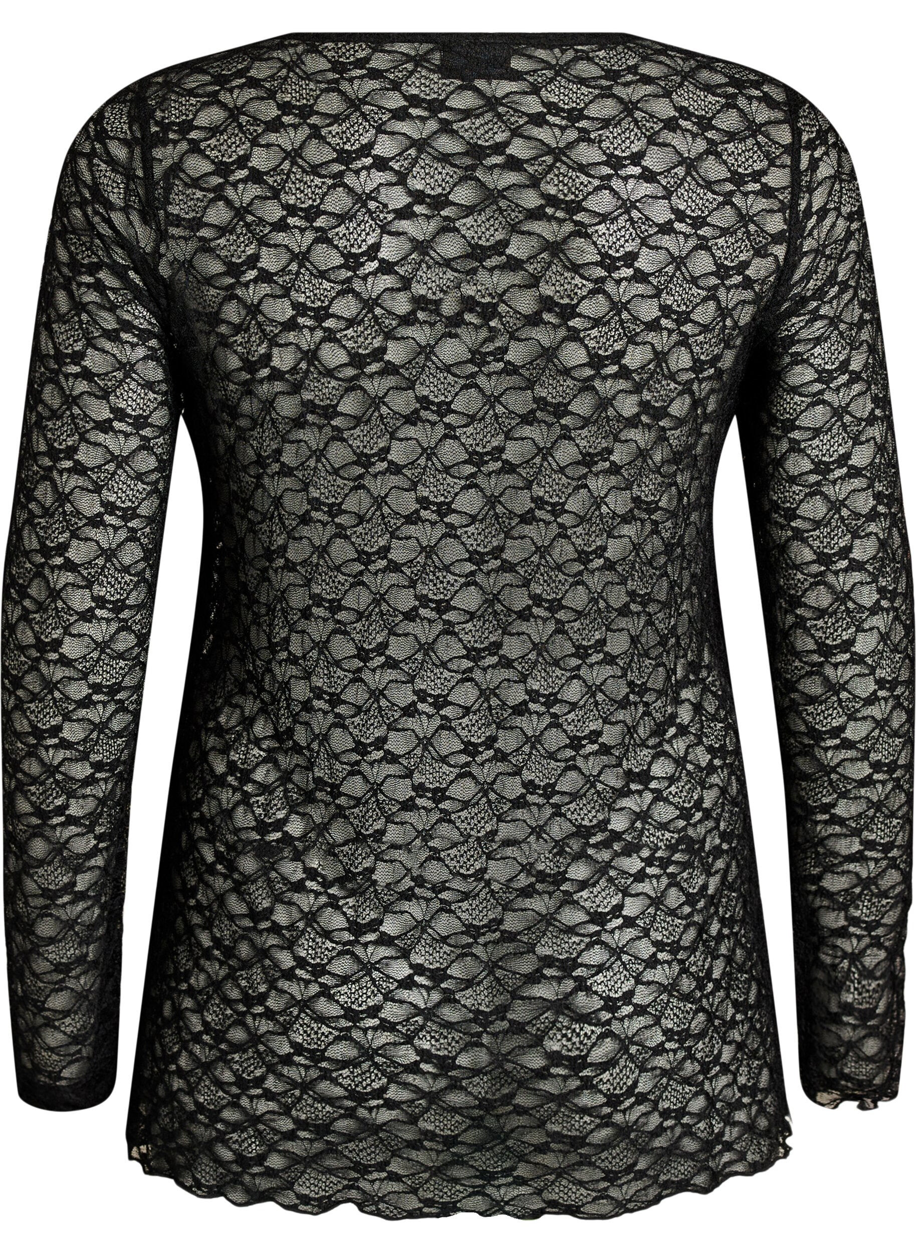 ZizziTransparente Bluse aus Spitze mit langen &Auml;rmeln, Schwarz, Packshot image number 1