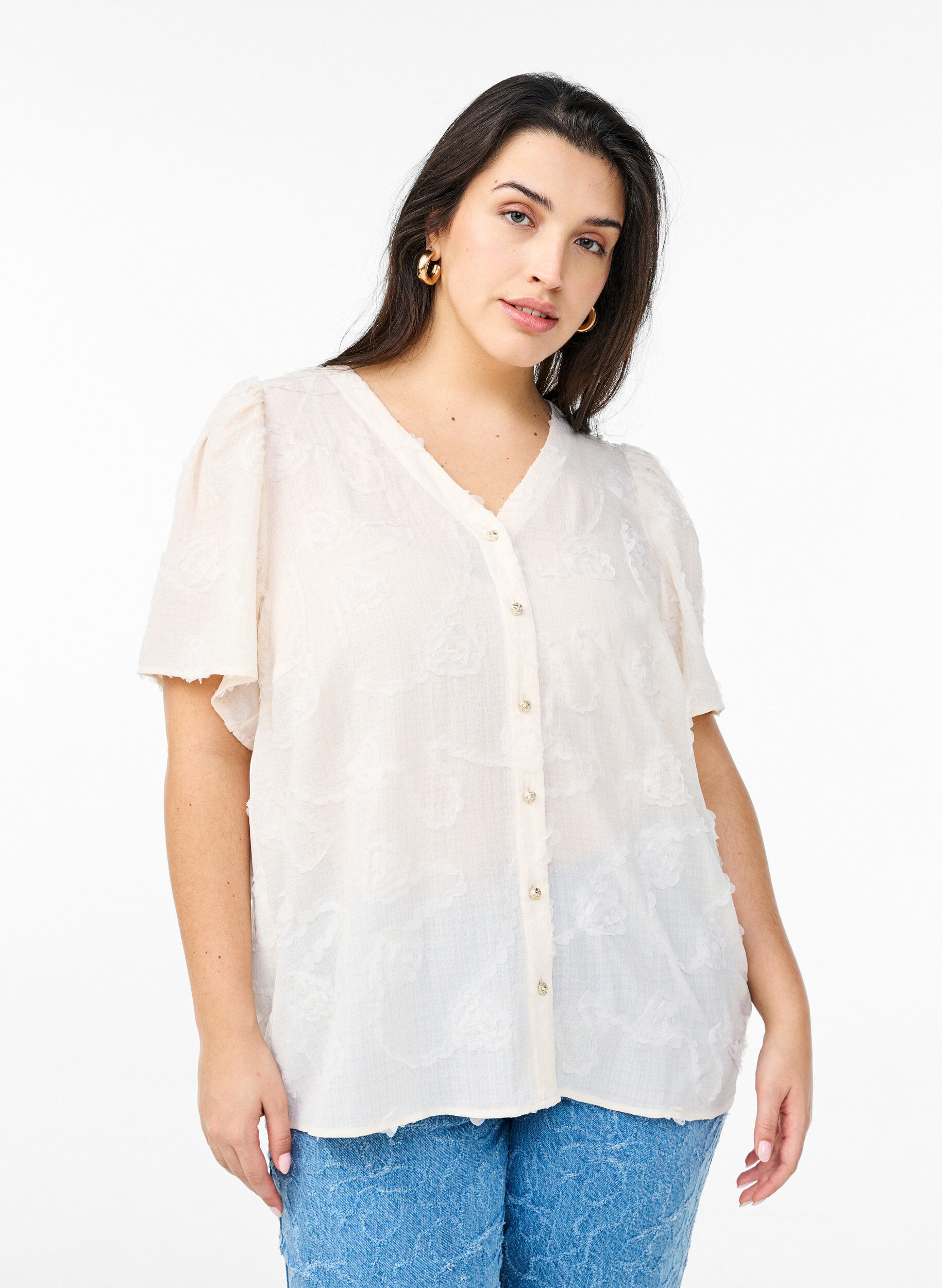 Bluse mit kurzen &Auml;rmeln und 3D-Bl&uuml;tenmuster, Beige, Model