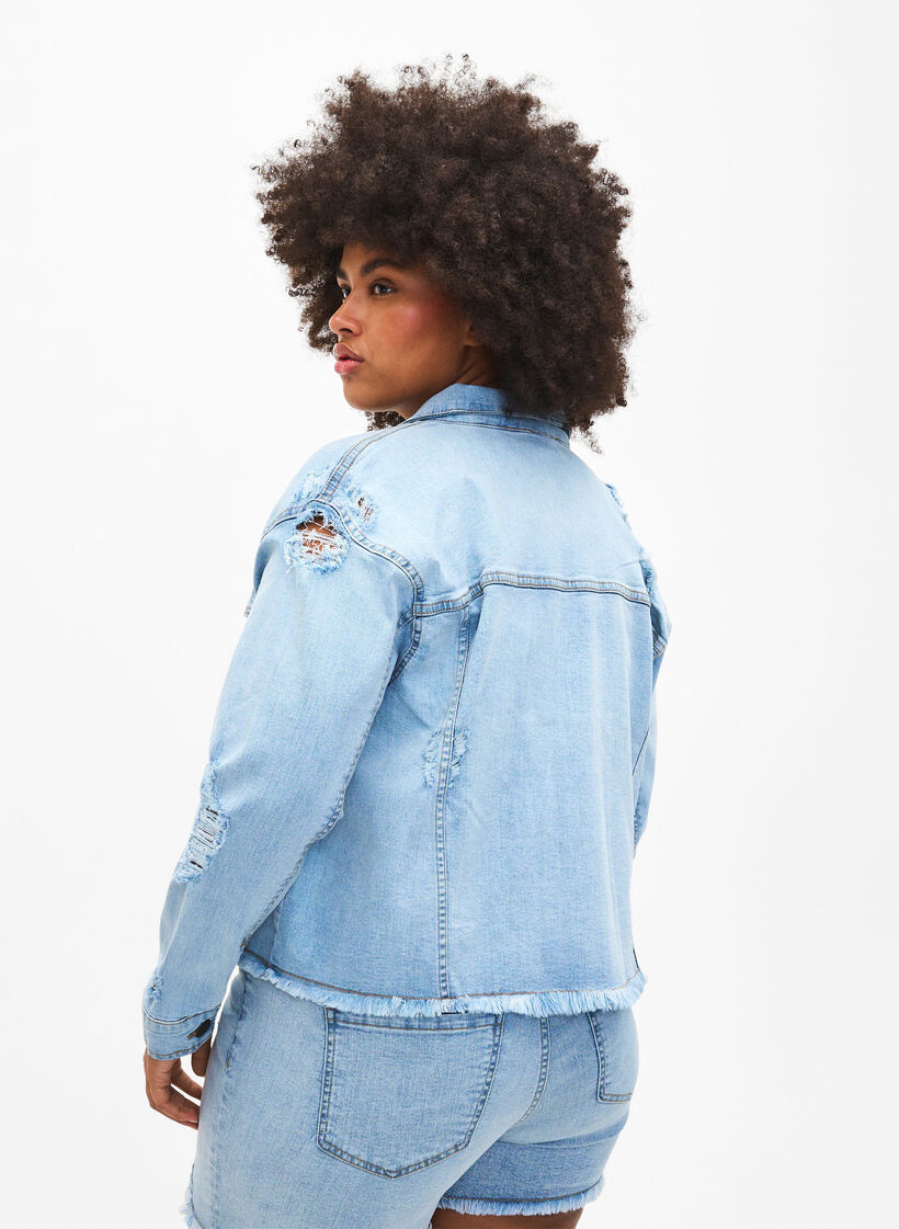Kurze Denim-Jacke mit Details in Used-Optik, Light Blue Denim, Model image number 1