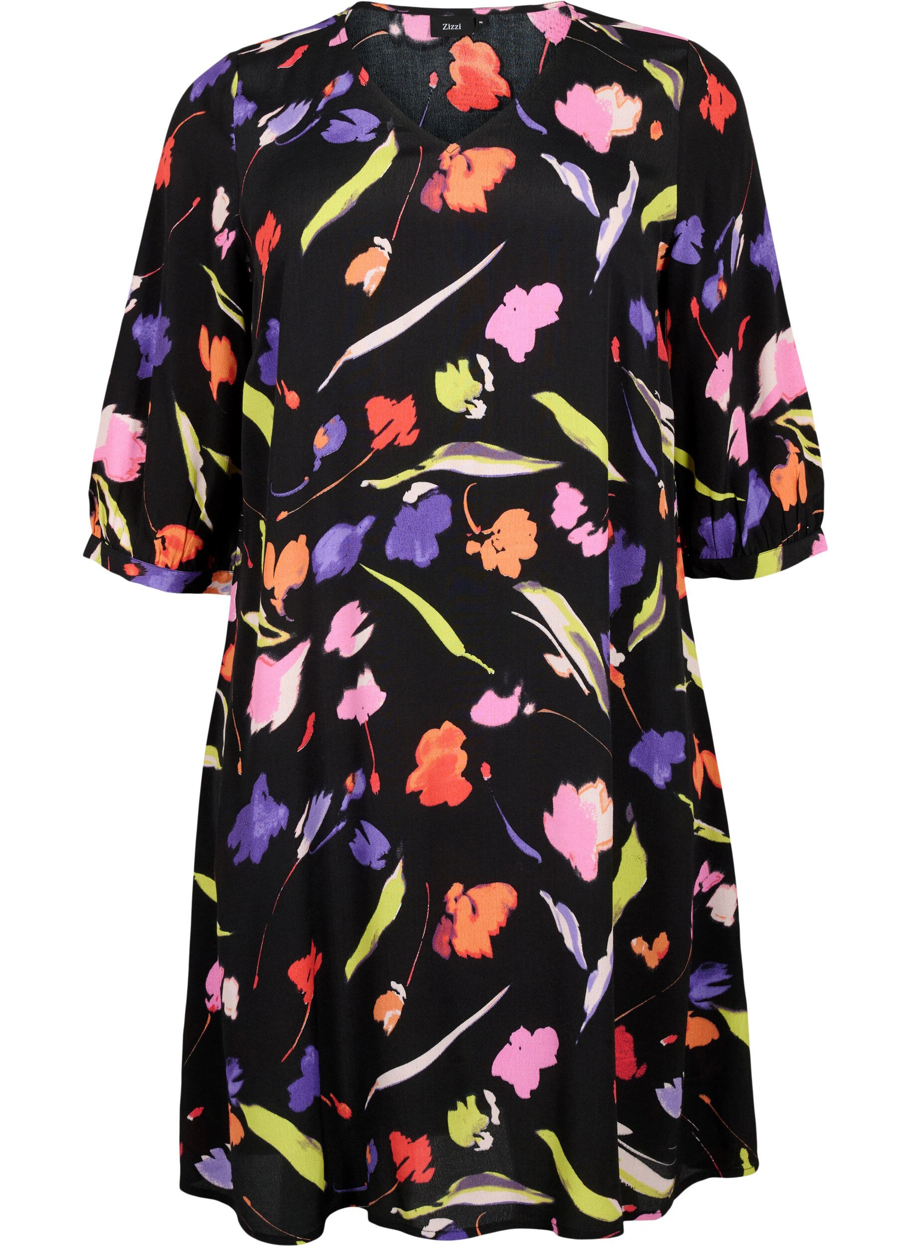 Zizzi Kleid aus Viskose mit Druck und 3/4 &Auml;rmeln, Faded Tulip AOP, Packshot image number 0