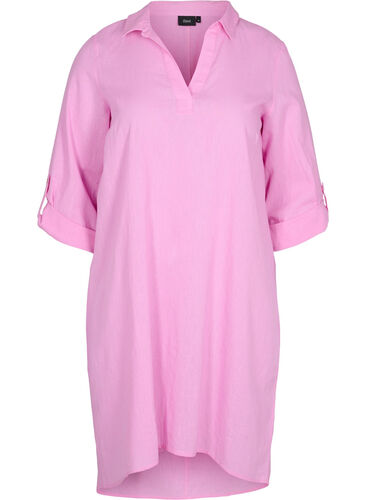 Kleid mit V-Ausschnitt und Kragen, Begonia Pink, Packshot image number 0