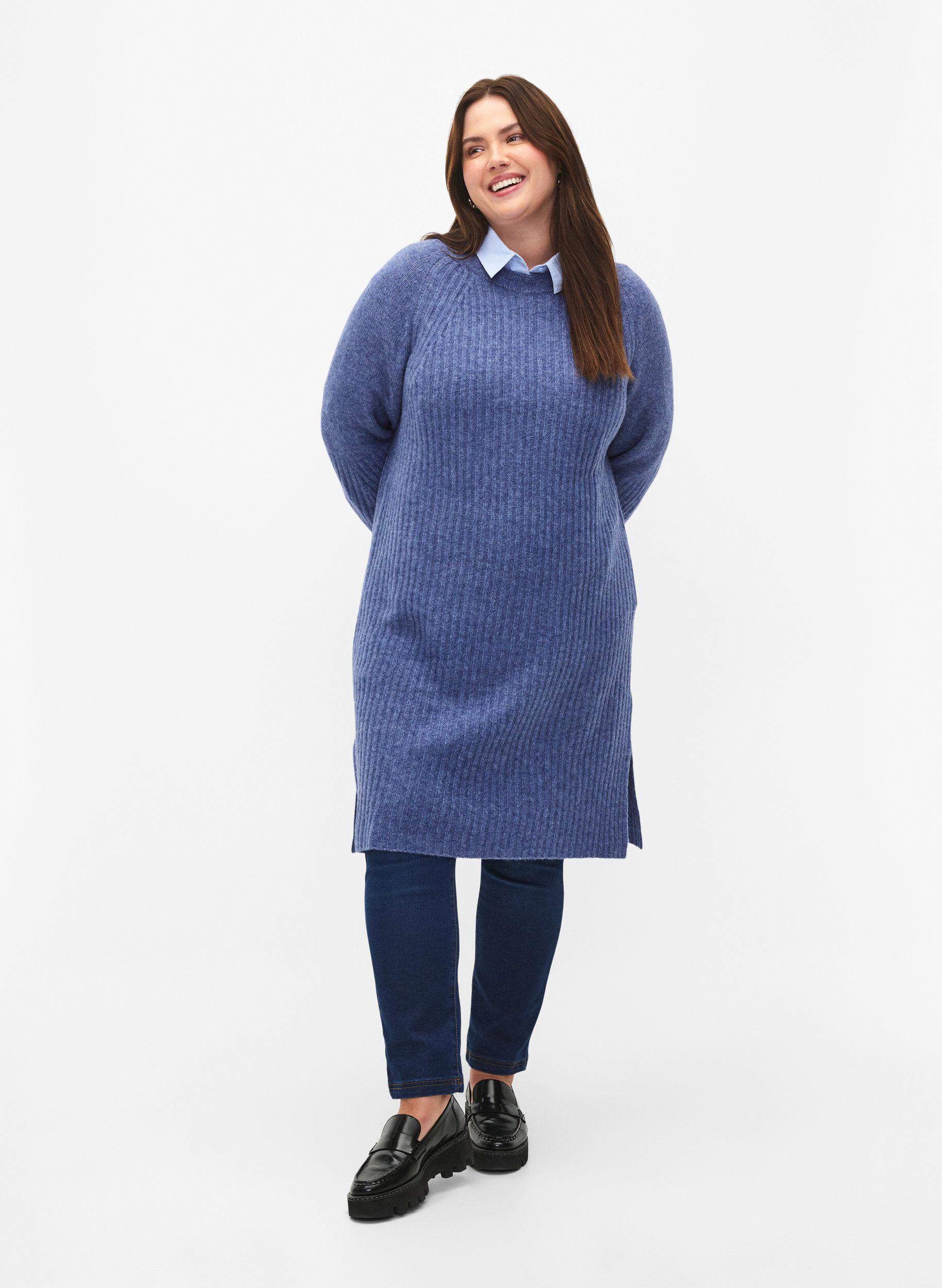Zizzi Rippstrickkleid mit Schlitz, Gray Blue Mel., Model image number 2