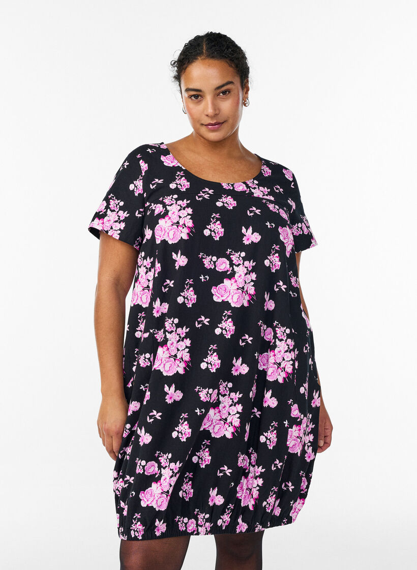 Kurzärmliges Baumwollkleid mit Print, Schwarz, Model image number 0