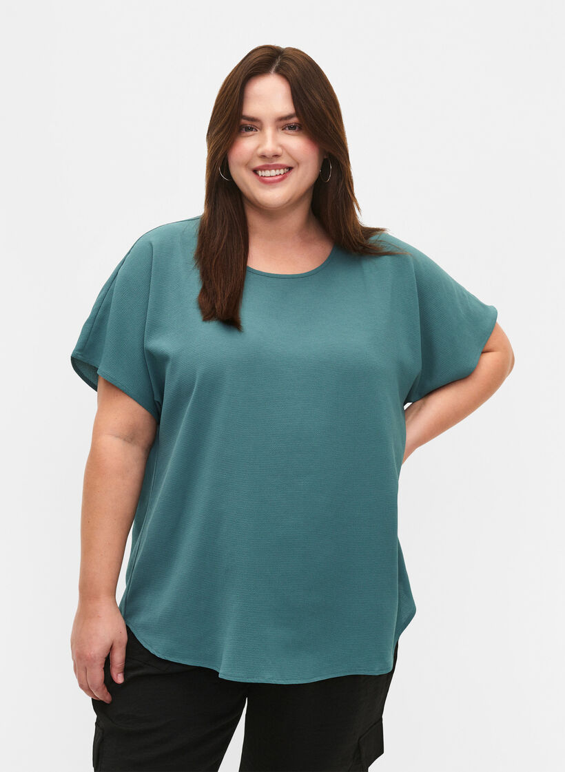Bluse mit kurzen Ärmeln und Rundhalsausschnitt, Sea Pine, Model image number 0