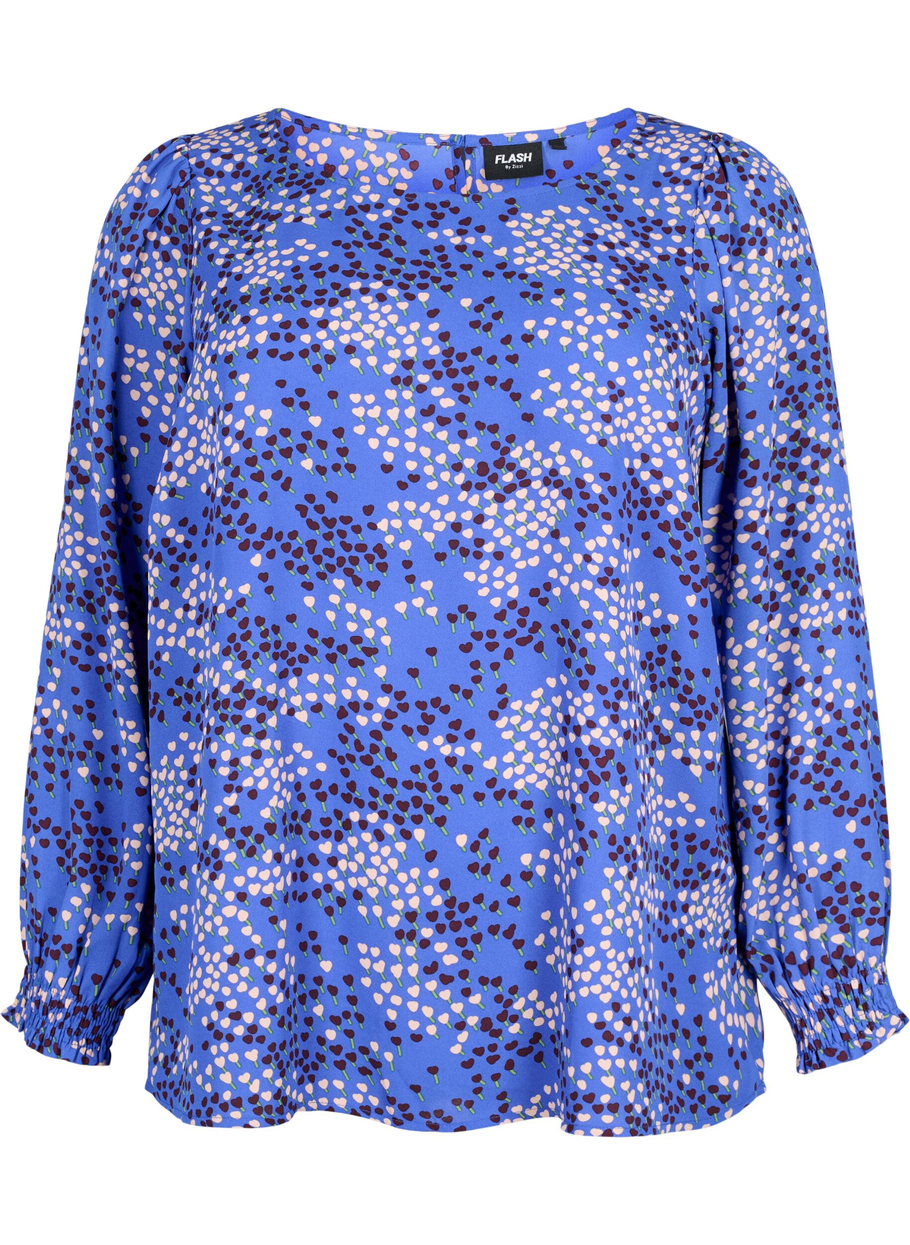 Zizzi FLASH - Lang&auml;rmelige Bluse gesmokt und bedruckt, Dazzling Blue AOP, Packshot image number 0
